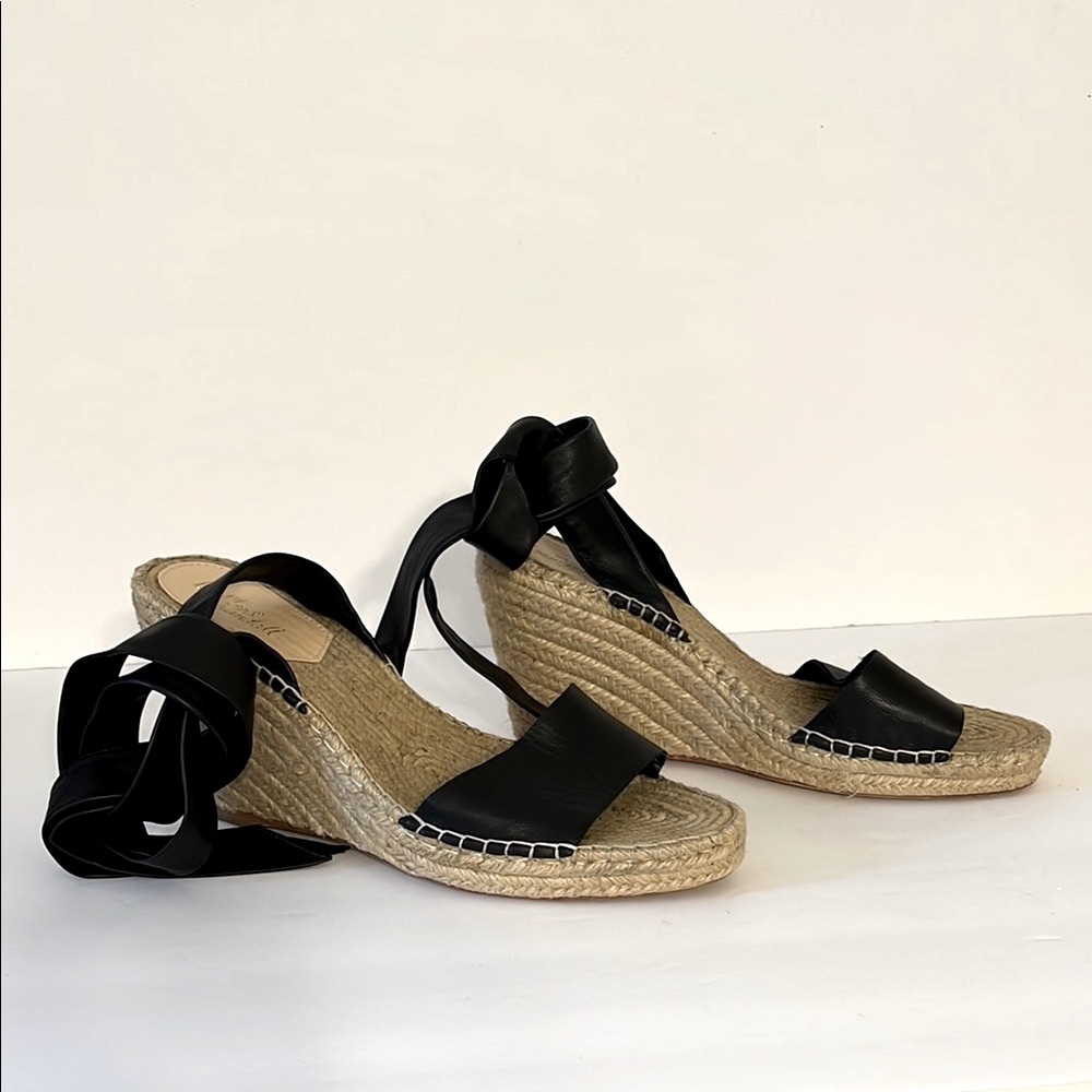 Loeffler Randall Black Leather Espadrille Wedges Sz‎ 8.5